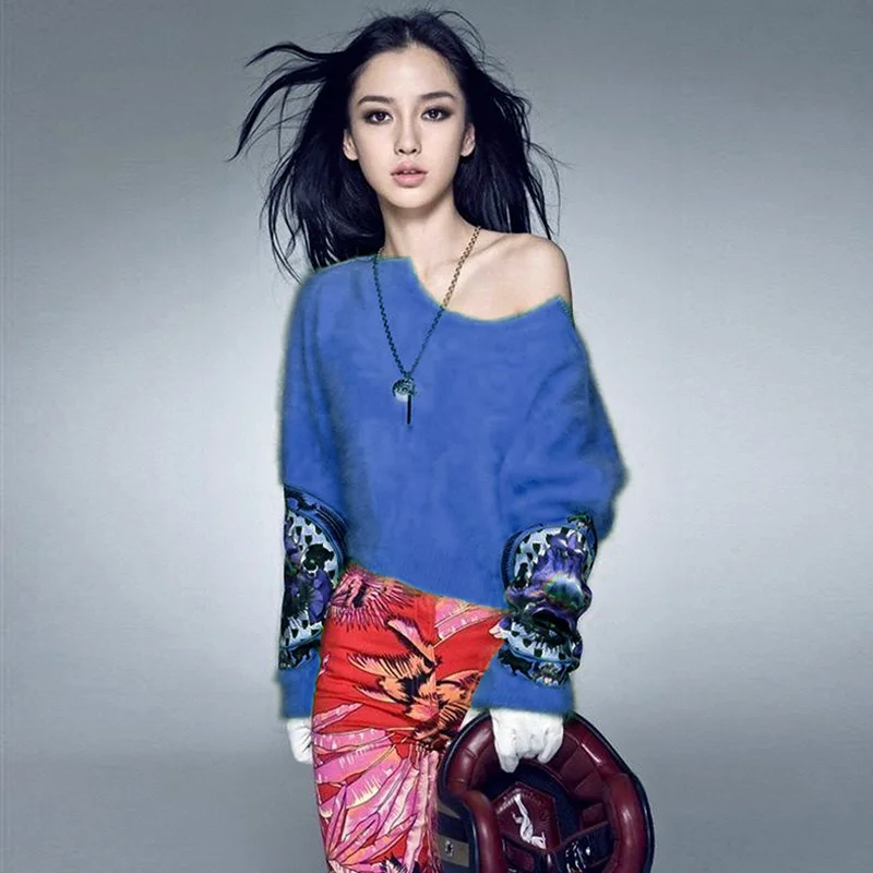 Yang Ying's New Spring 2019 Circular Collar Sticker Printed Long-sleeved Mohair Pullover Sweater Women Pullovers O-Neck