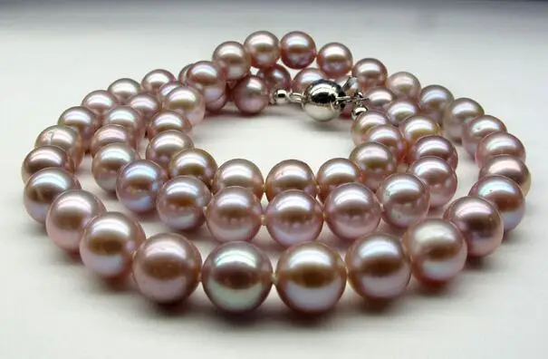 

9-11mm natural south sea genuine purple lavender round pearl necklace14k