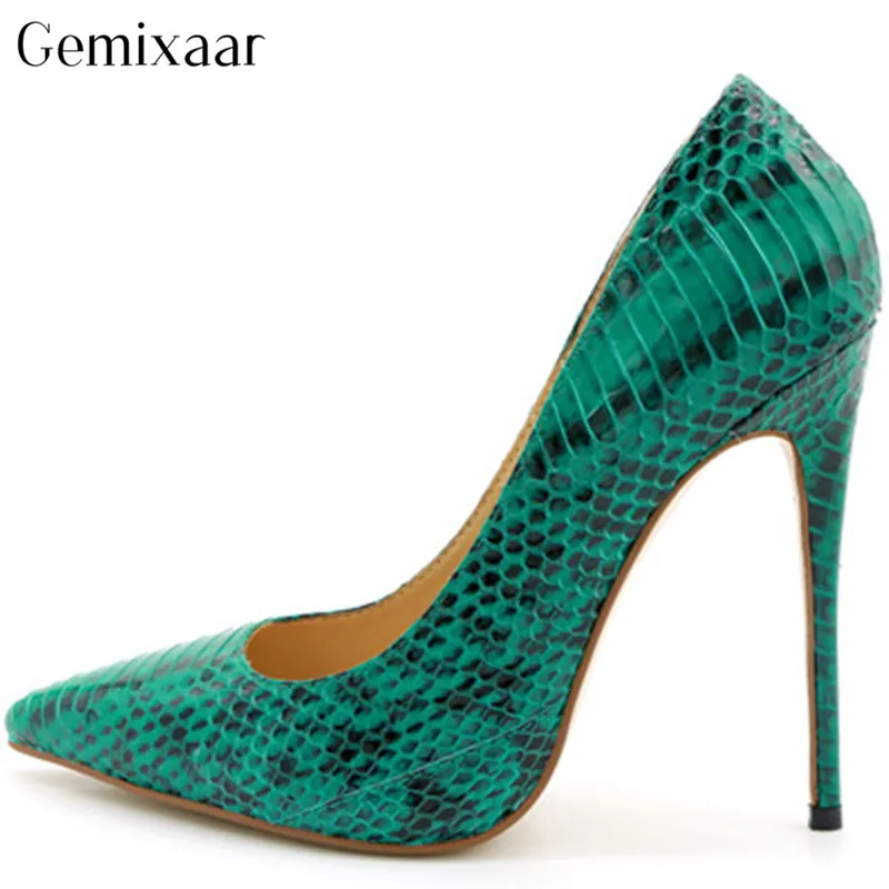 Green Snakeskin Genuine Leather Women Shoes Pointy Toe Slim Shallow Thin High Heels Zapatos Sexy Serpentine Solid Pumps Woman