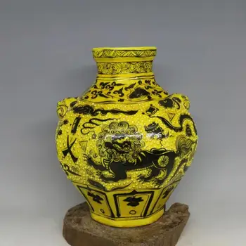 

Old Chinese Yuan Dynasty porcelain vase, Yellow glaze,Lion Hydrangea, best collection & adornment, free shipping