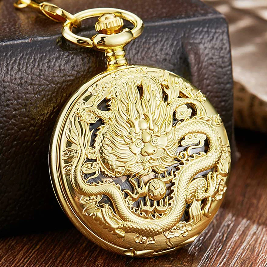 Роскошные Механические карманные часы с цепочкой, золотой дракон с лазерной гравировкой, наручные часы с подвеской, мужские бронзовые золотые флип-часы