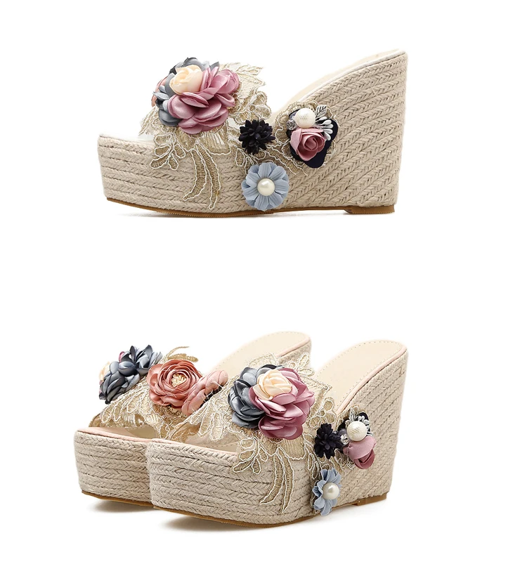 GBHHYNLH/женские вьетнамки на танкетке с цветочным принтом; милые шлепанцы с цветочным принтом; женские сандалии; обувь на платформе; пляжные шлепанцы; LJA335