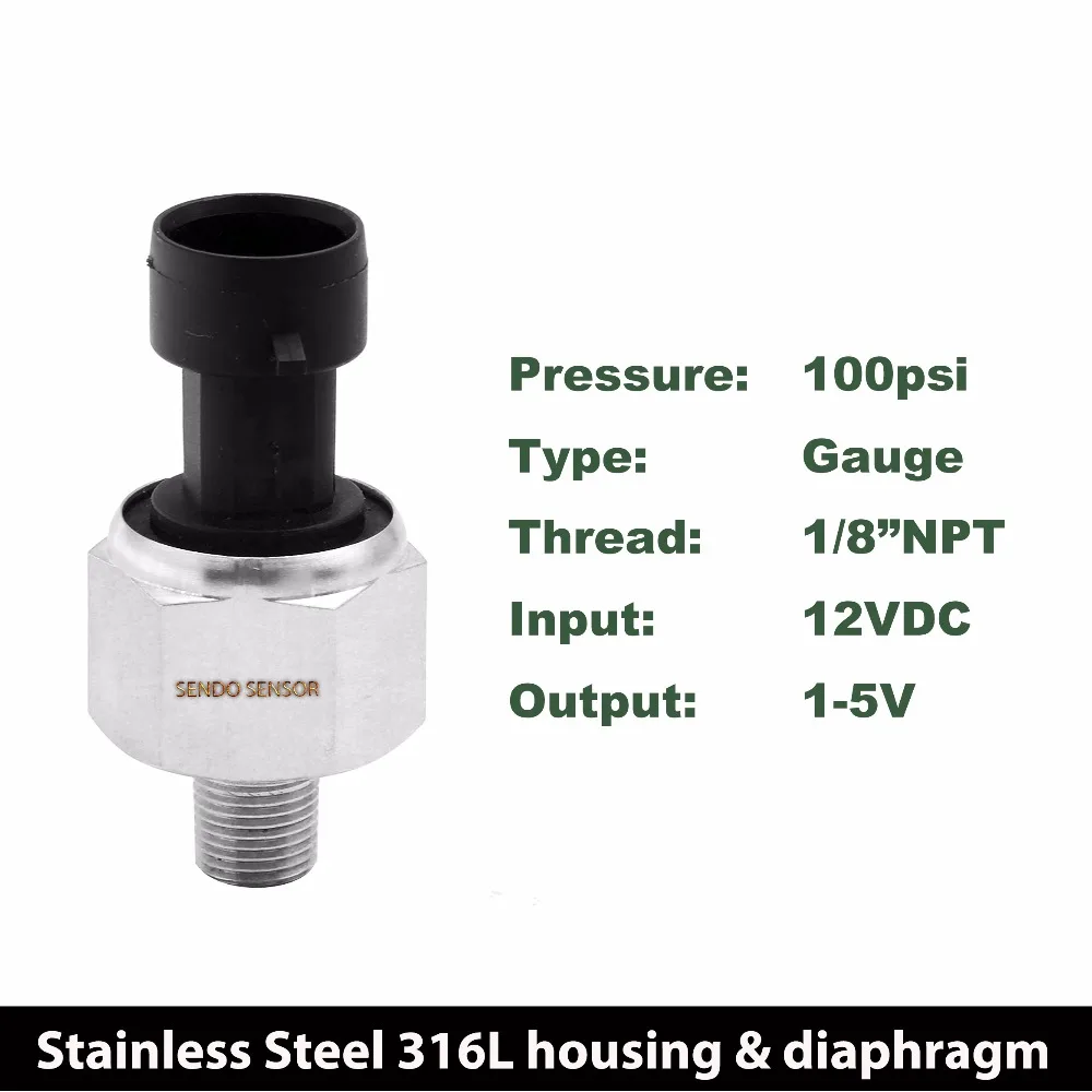 

100 psi gauge pres transmitter, oil pressure sensor water, 1 5V output, 12V supply, full stainless steel 316L, 1/8"NPT, packard