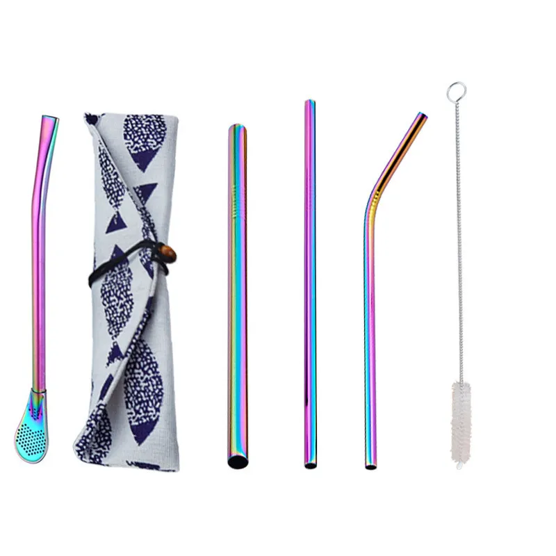 Reusable Metal Drinking Straw Tea Filter Yerba Mate Spoon Straight Bent Stainless Steel Straws Cleaner Brush Bag Bar Accessory | Дом и сад