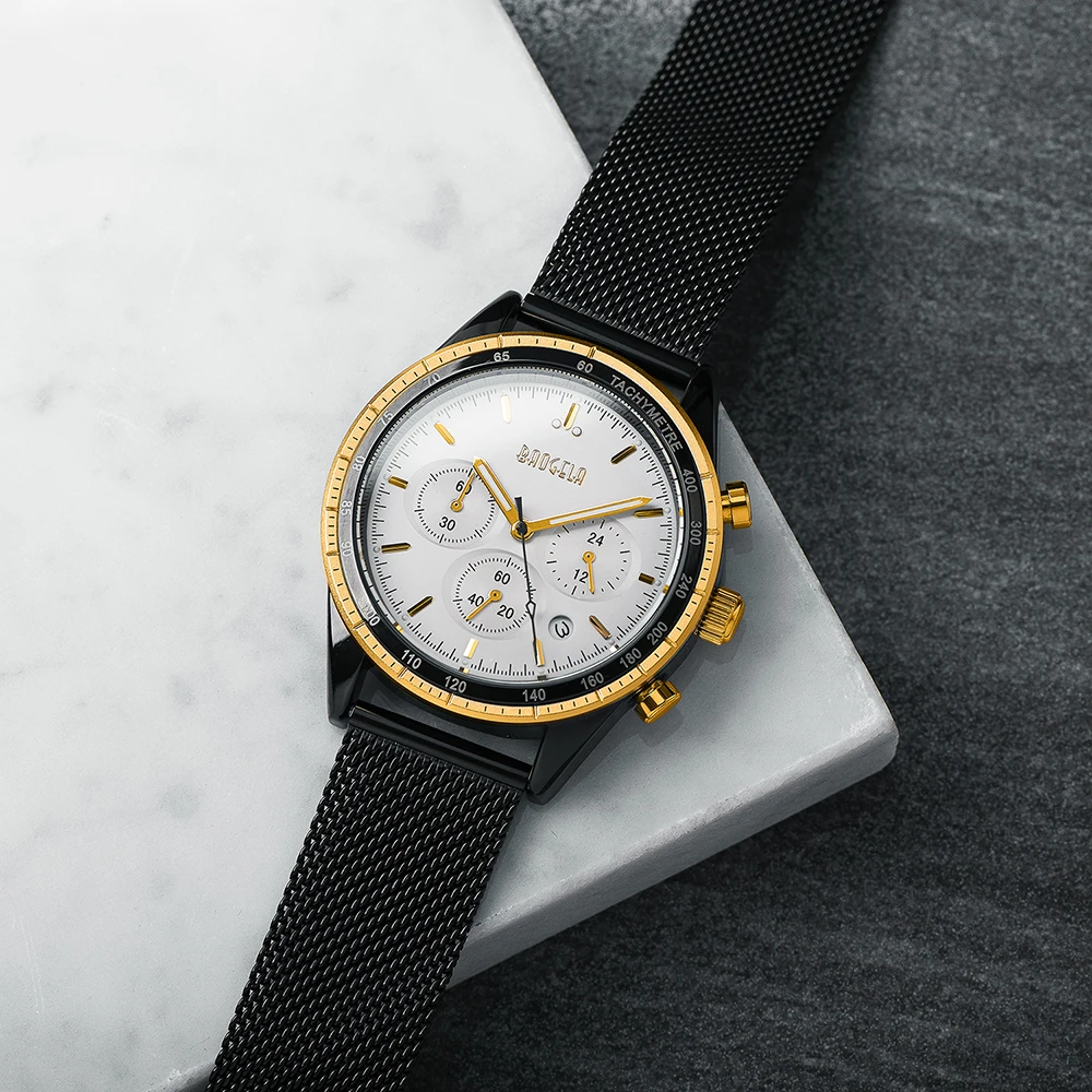 

BAOGELA Chronograph Black New Watches Mens Quartz Watch Stainless Steel Mesh Band Slim Men Watch Student Sports Wristwatch