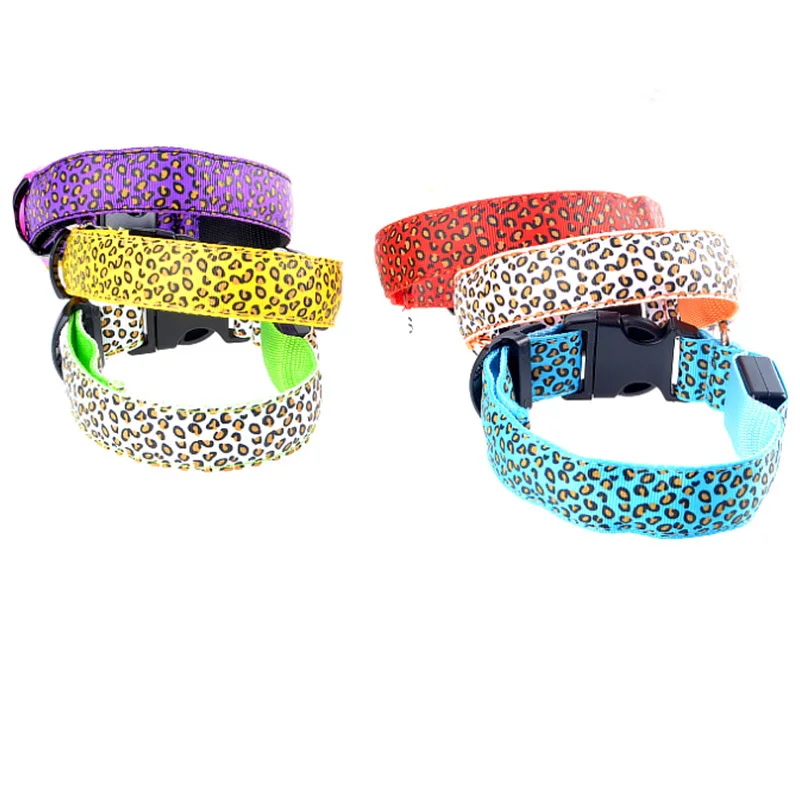 

5 Color Fashion Nylon Leopard Spots Luminous LED Dog Collar Flashing Glow In Dark Pet Collars Night Light Pet Supplies S-XL