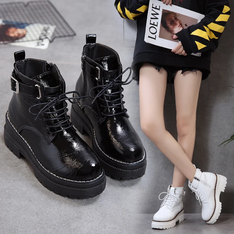 

2019 Winter autumn round Toe ankle martin Boots cross-tied bright leather buckle Lady thick bottom botas femininas de inverno