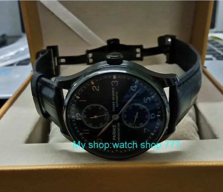 

43mm PARNIS power reserve Automatic Self-Wind Mechanical movement men's watch Black dial PVD case Mechanical watches zdgd91a