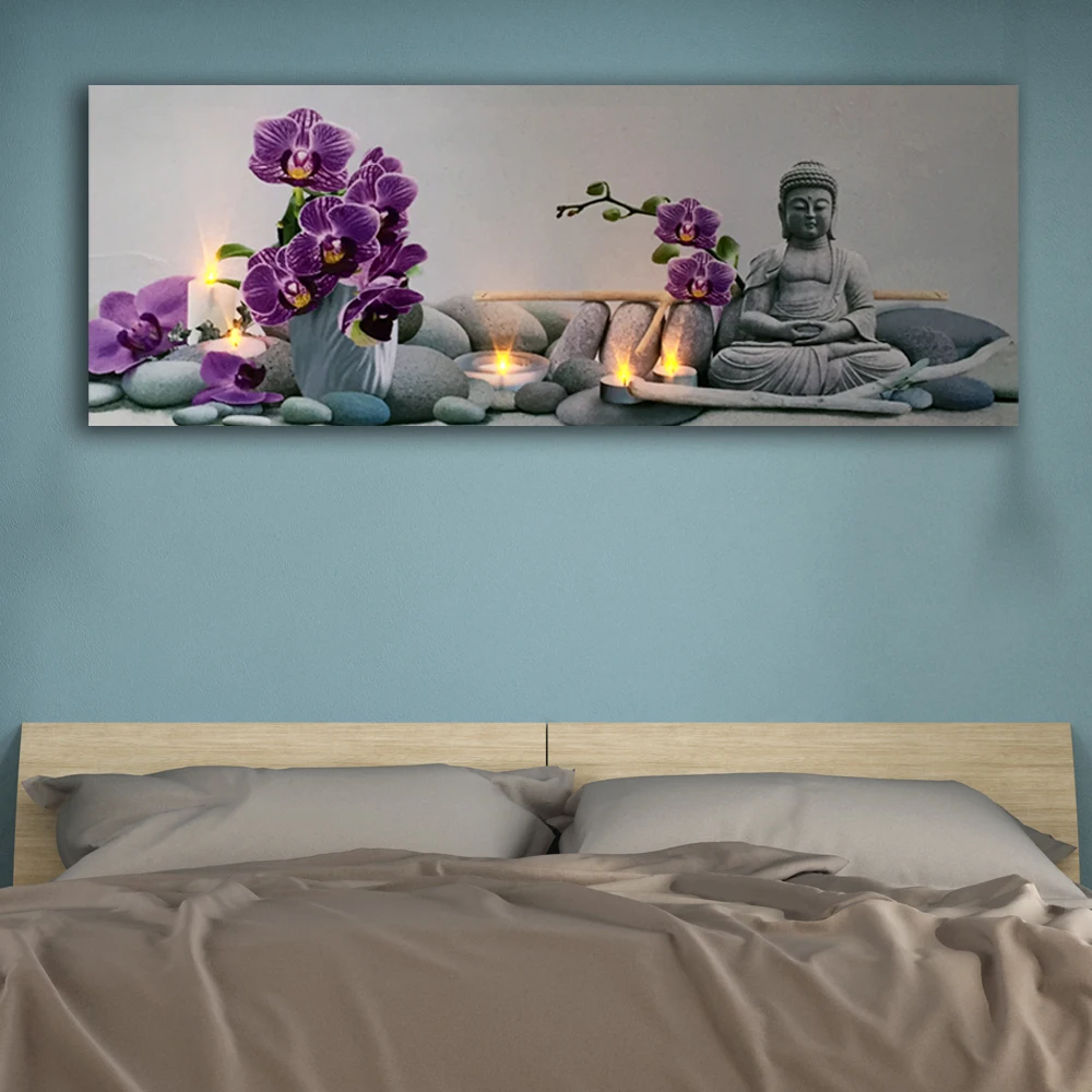 

Led wall picture huddha with orchids zen tealights stone spa still life canvas art light up HD painting artwork print frame hang