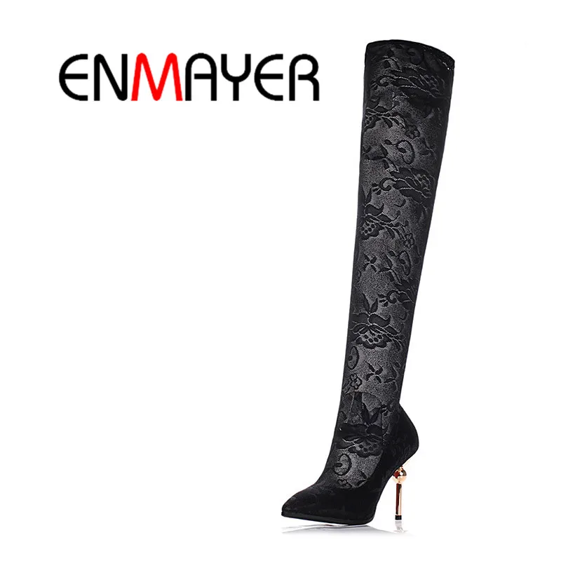 ENMAYER High Heels Fashion Boots Shoes Patent Leather&Elastic Netting