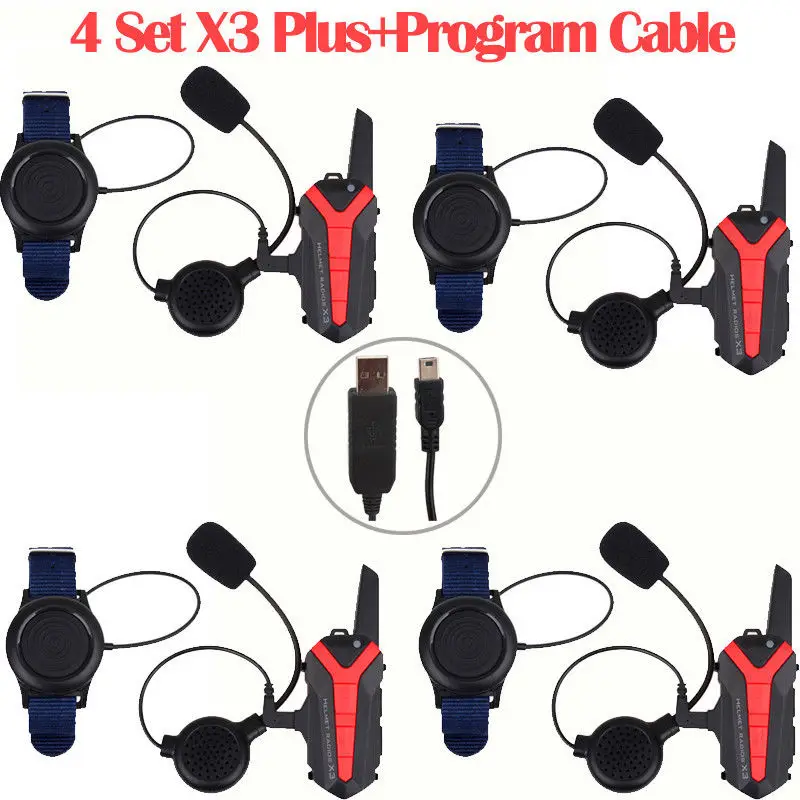 

4 x Bluetooth Helmet Headset Motorcycle Intercom interphone +PTT+Program Cable Group Walkie Talkie Waterproof