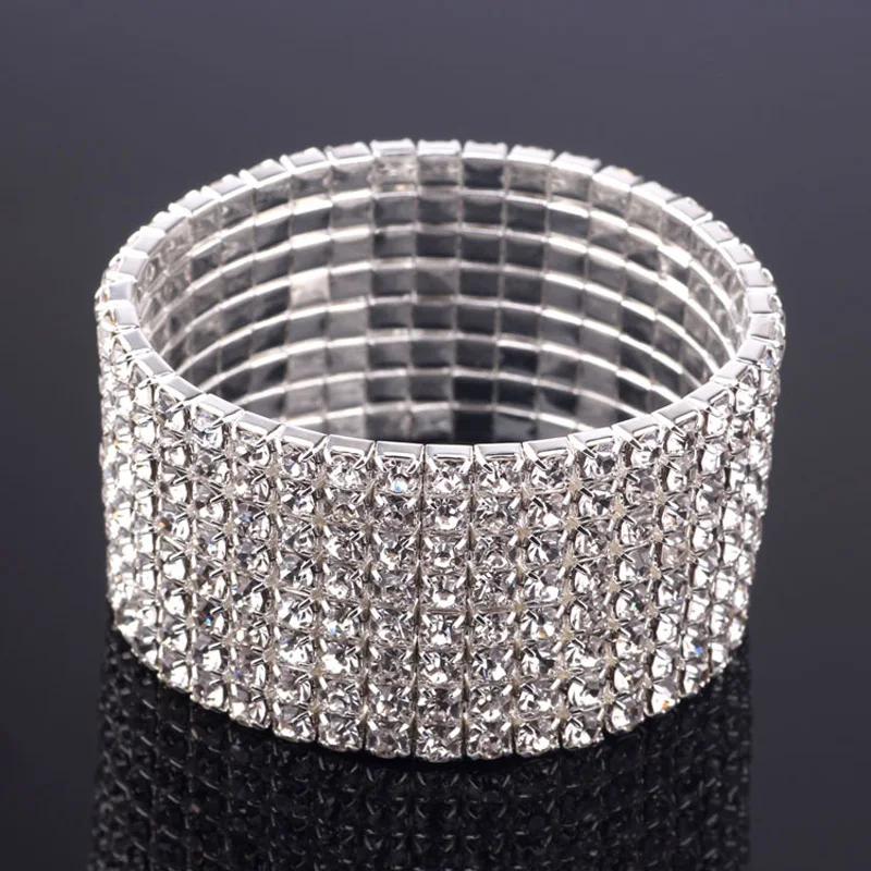 TREAZY 1-8 Rows Rhinestone Crystal Bracelet Bangle Elastic Bling Wristband Wedding Bridal Bridesmaid Bracelet Jewelry Gifts 6