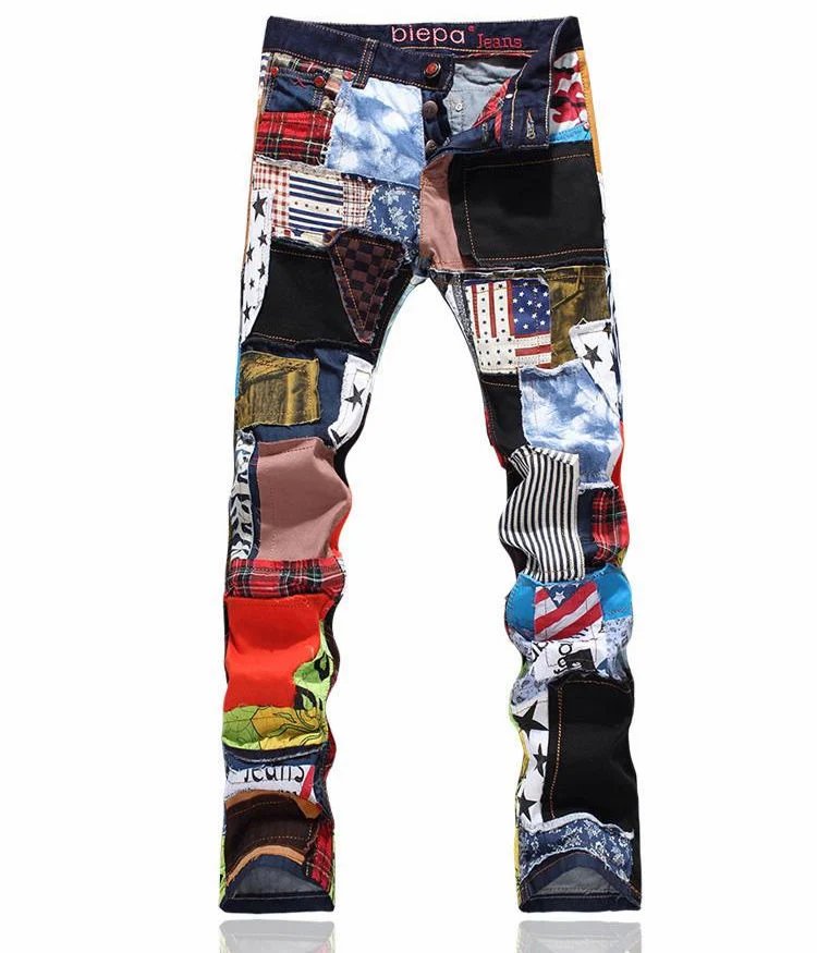 2015 Top Men's Cool Patch Jeans Beggars Pants Straight Leg New Fashion