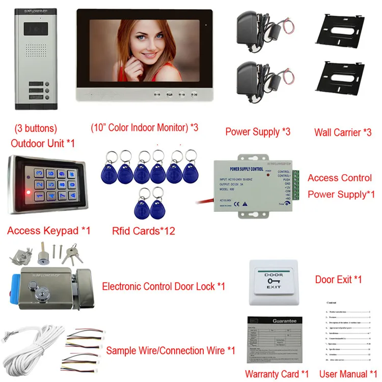 Для Интерком 3 единицы 10 "цветной внутренний монитор видеодомофон с замком + система контроля доступа Rifd пароль разблокировка видео-глаз