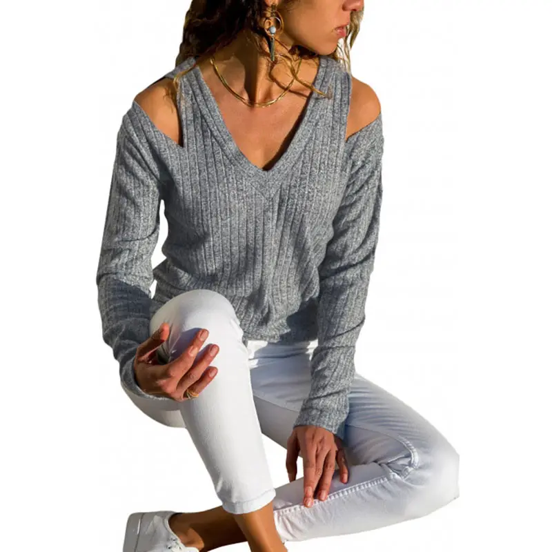 pullover Female rib knit long-sleeved top winter clothes women V-neck cold shoulder sweater casual pure Color clothes autumn (1)