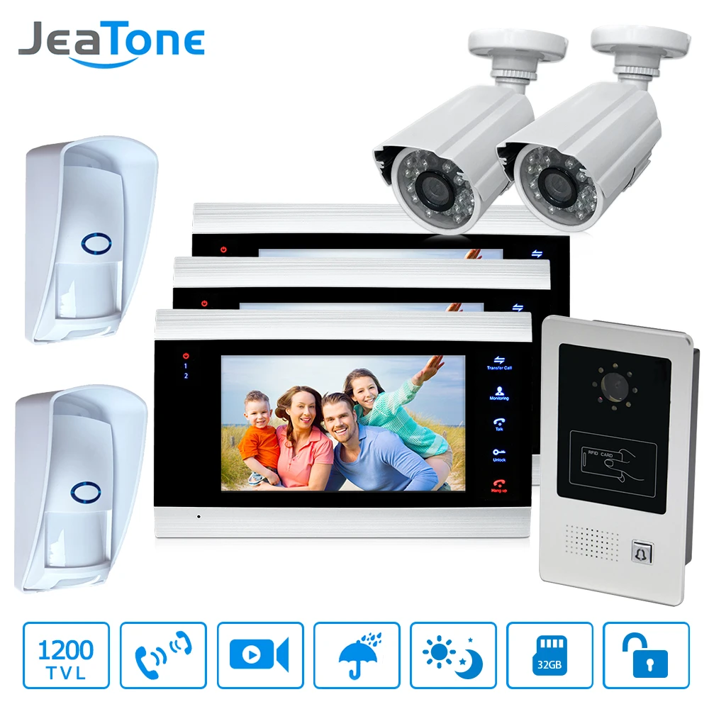 7''Video Door Phone Doorbell Video Intercom System Security Access Control Wide View Angle Call Panel RFID Card +2 Cameras+2 PIR