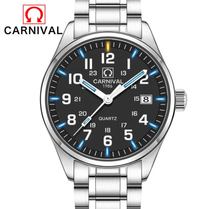Relogio masculino CARNIVAL Fashion Tritium gas Self Luminous Watch men High end Quartz Wristwatch with Swiss movement Calendar carnival ultrathin tritium self luminous analog quartz watch men watch with sapphire waterproof fashion casual relogio masculino
