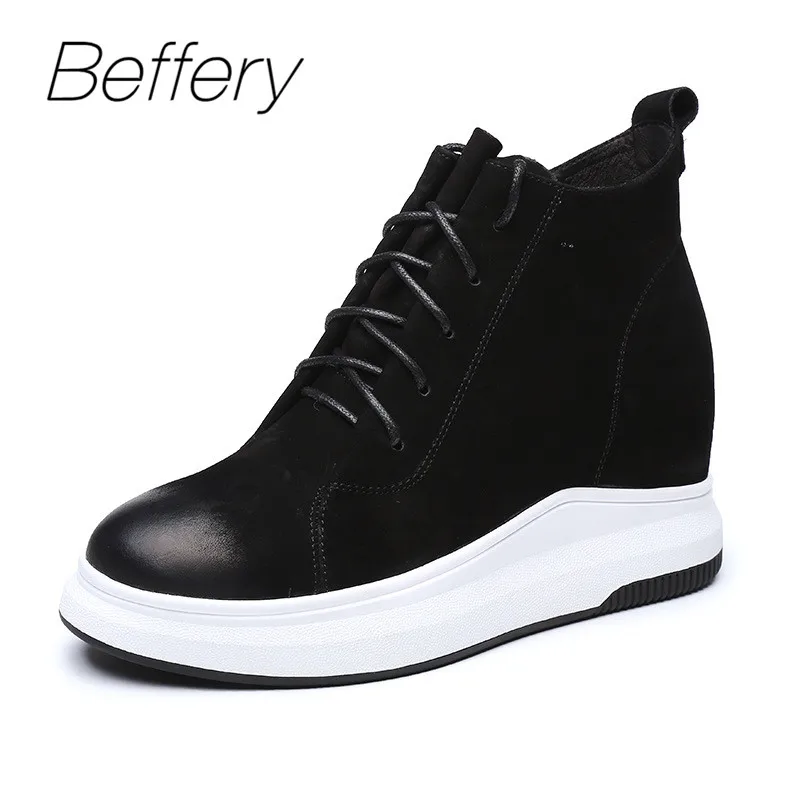 

Beffery Autumn Winter Women's Shoes Fashion Wedges Sneakers High-top lace-up Shoes Woman Genuine Leather Platform Shoes