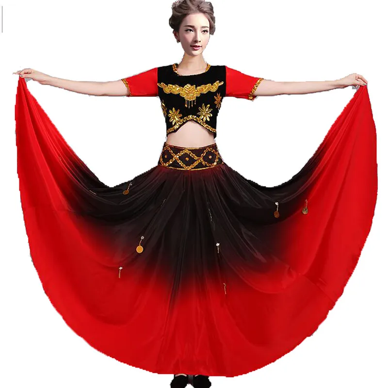 Gradient Flamenco Dance SET Top Skirt gold Coin spanish Dancing performance Costume women vestido flamenco 360 Degree PLUS SIZE