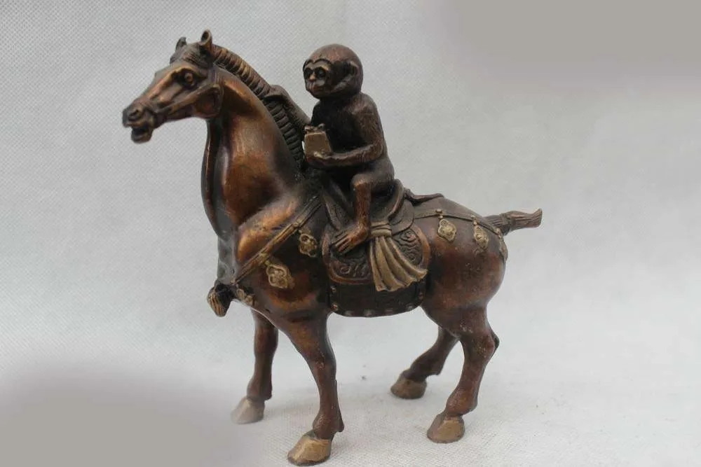 

7"China Fengshui Bronze Zodiac Year Monkey Ride Horse Ma Shang Feng Hou Statue