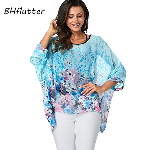 white blouse for women BHflutter 4XL 5XL 6XL Plus Size 2019 Blouse Women Chic Floral Print Chiffon Blouses Shirts Sexy Off Shoulder Summer Tops Tunic plus size blouses Blouses & Shirts