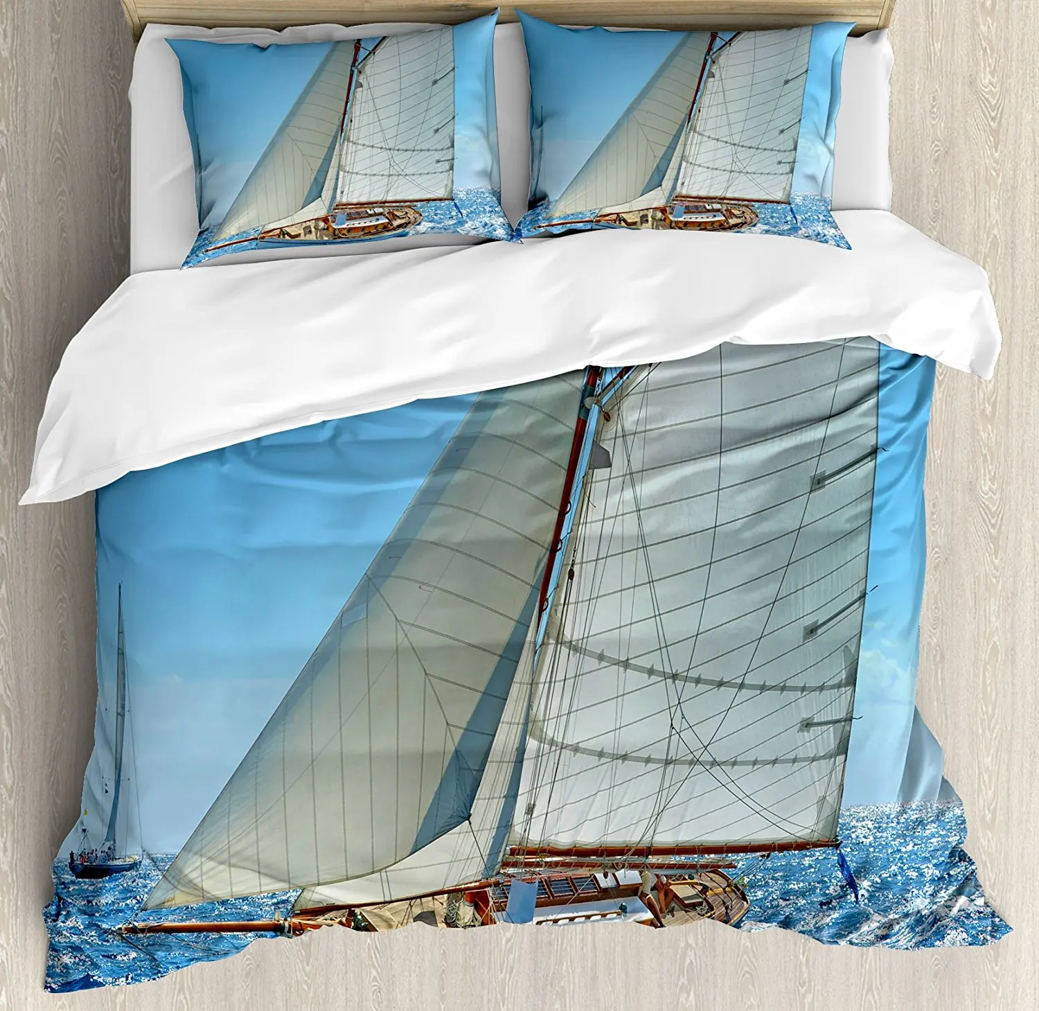 

Nautical Duvet Cover Set Sailboat on the Sea Regatta Race Yacht and Windy Weather Competition Theme, 4 Piece Bedding Set