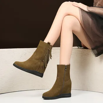 

MLJUESE 2019 women Mid-calf boots cow suede zippers rabbit hair fringe increasing wedges boots winter short plush warm boots