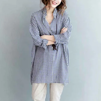 

#3002 Spring Oversize Loose Casual Long Sleeve Plaid Shirt For Women Bat Sleeve Plus Size Loose Long Blouse Lapel Collar Beading
