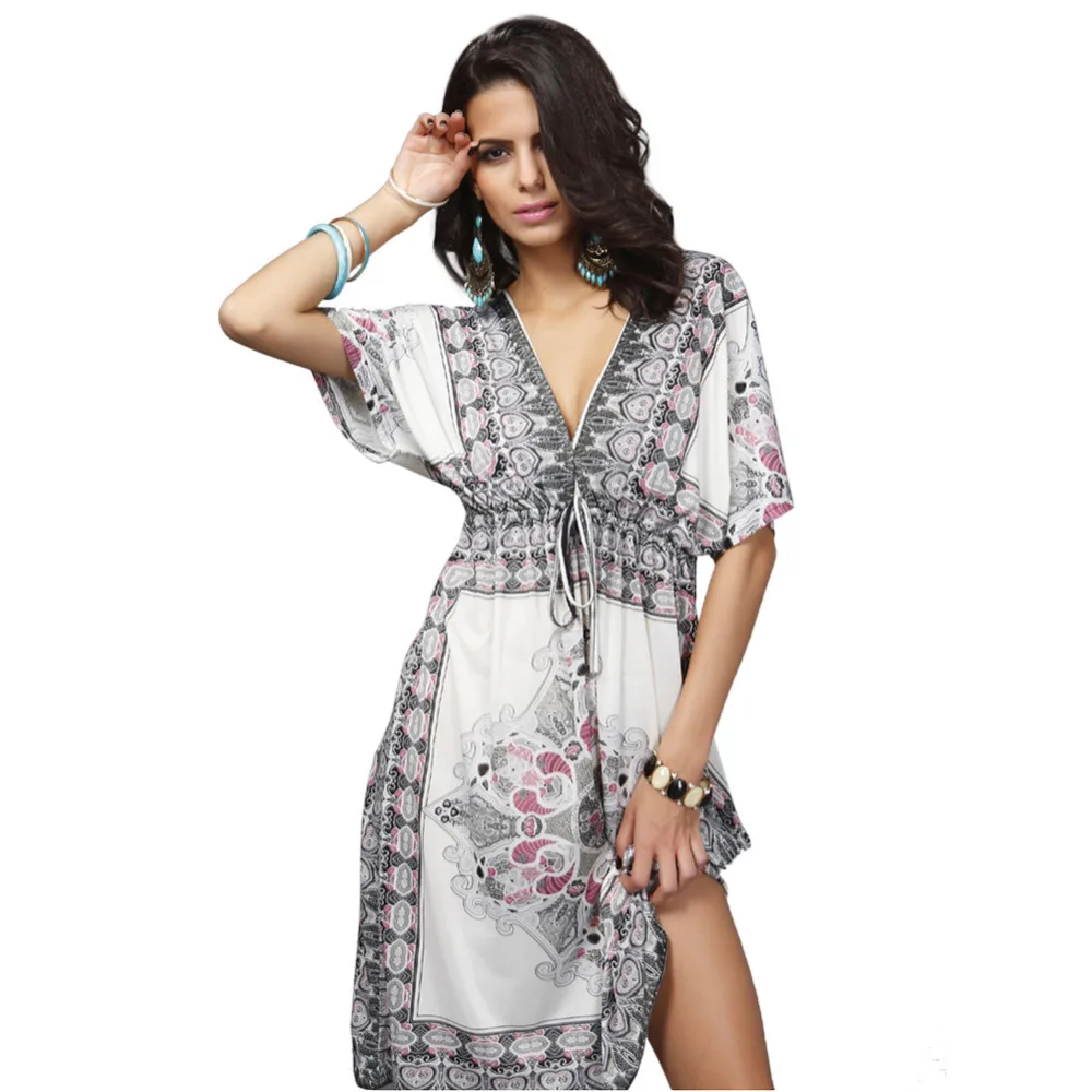 

2018 Large Size XXL White Beach Printed Cover Up Robe Plage Kaftan Dress Pareos For Women Beach Tunic Sarong Swimsuit Swimwear