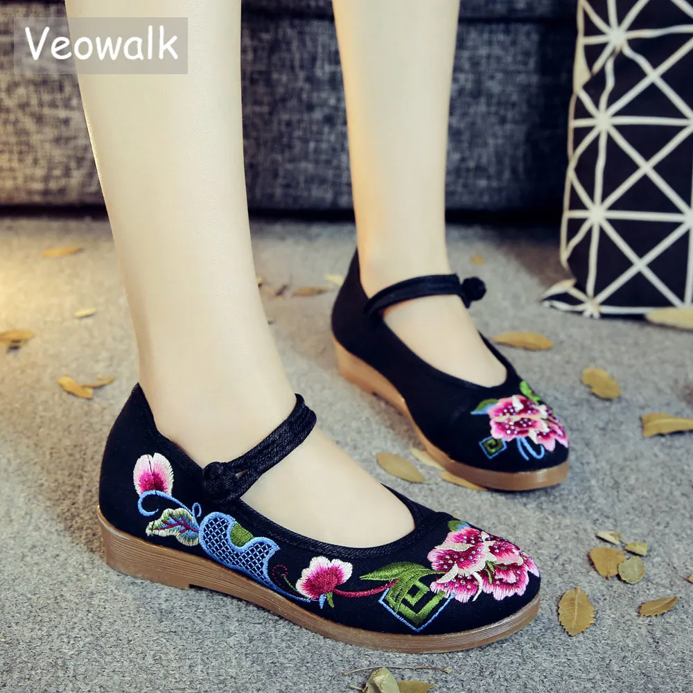 

Veowalk Diamonds Floral Embroidered Woman Cotton Fabric Ballet Flats Vintage Chinese Style Ladies Casual Canvas Platform Shoes