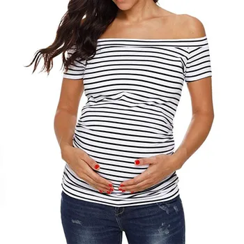 

Women Pregnancy Stripe Short Sleeve Off Shoulder Tops Nusring Maternity Clothes Ropa Premama Embarazadas Fashion Pregnancy Tee