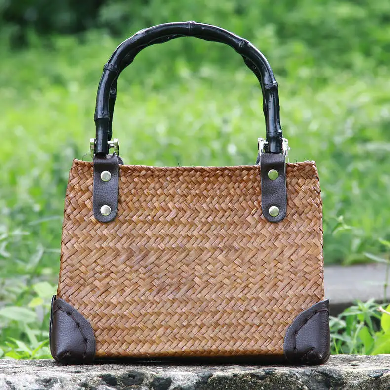 

Handmade Seaweed Weaving Bunches Bunches Mini Bamboo Handle Handbags Leisure Retro Green Bags