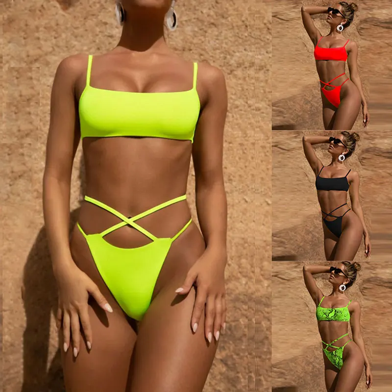 

Leopard Snake Print Bikini Set Cross straps Swimsuit Lemon Yellow solid biquini maillot de bain Polyster Dropshipping Swimwear