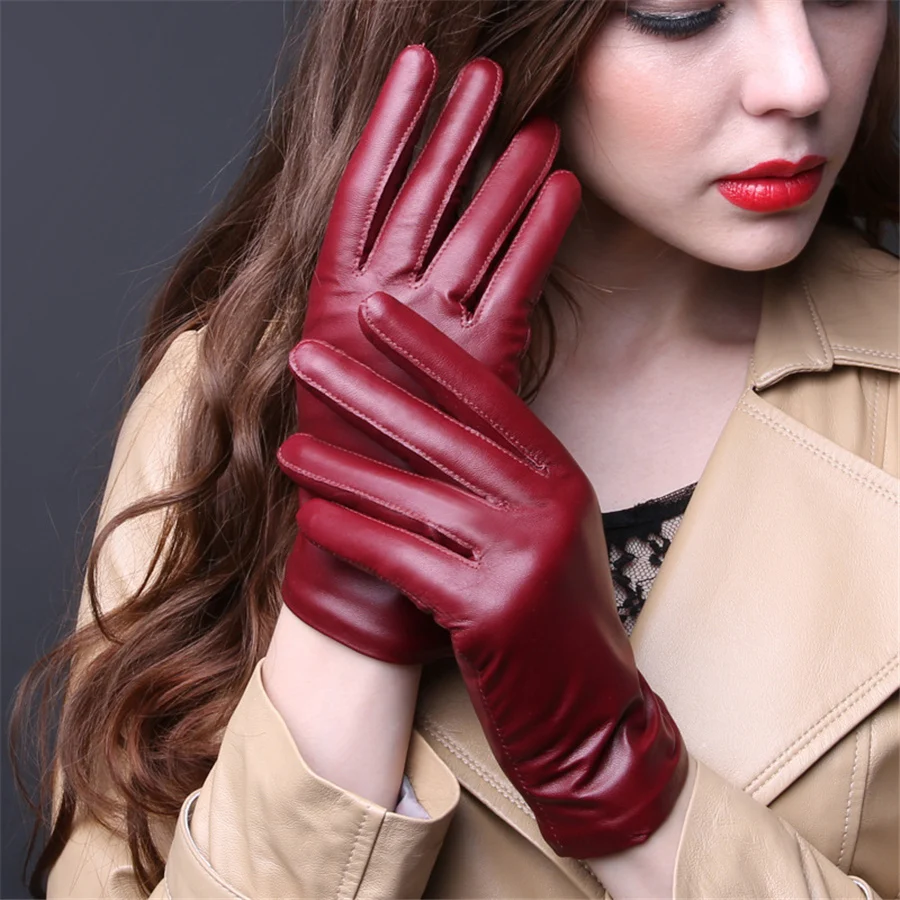 High Quality Genuine Leather Gloves Winter Women New Warm Plus Velvet