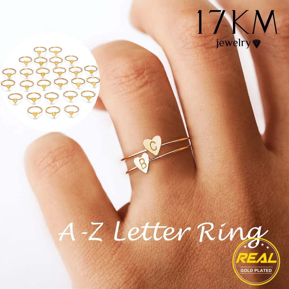 

17KM Fashion 26 Letter Gold Silver Color Name Rings For Women Girls DIY Statement Friendship Finger Heart Ring Jewelry Wholesale