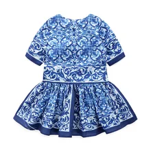 Новое лето и осень костюм для девочки мода китайский стиль принт платья для девочек три четверти Одежда для девочек