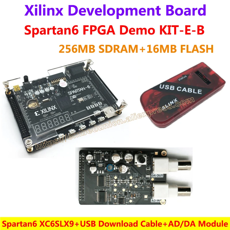 

FPGA Demo Board Xilinx Spartan6 XC6SLX9(256M SDRAM EEPROM FLASH SD card Camera VGA interfaces)+AD/DA Module+USB Download Cable