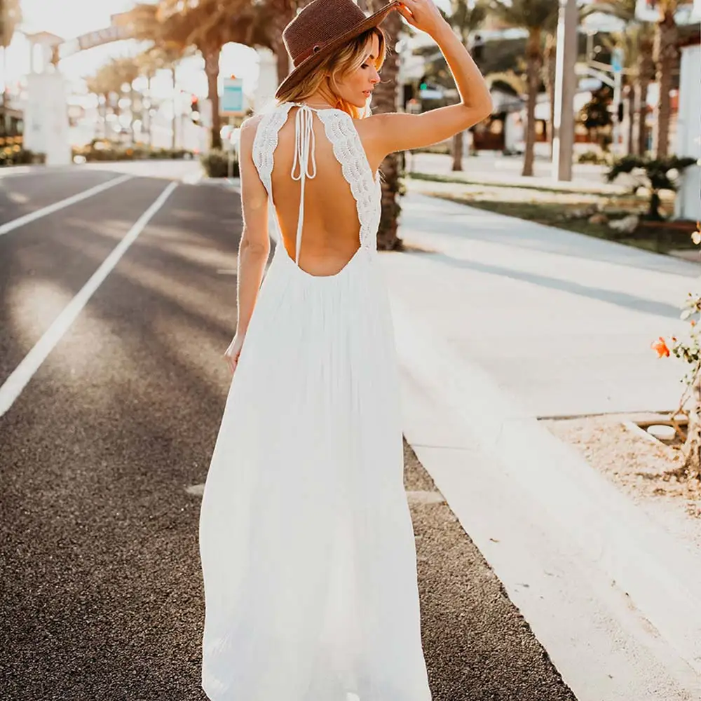 Сексуальное Белое Кружевное платье с открытой спиной, женское летнее платье с высокой талией без рукавов, Элегантное длинное платье макси Vestidos