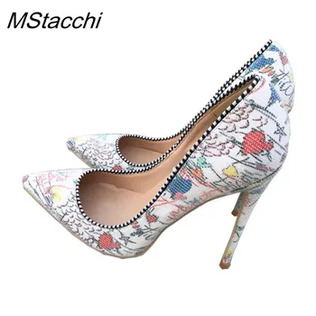 

Mstacchi Women Pumps Graffiti-art Shoes High Heels Sexy Pointed Toe Woman Party Shoes High Heel Wedding Chaussures Femme 2019