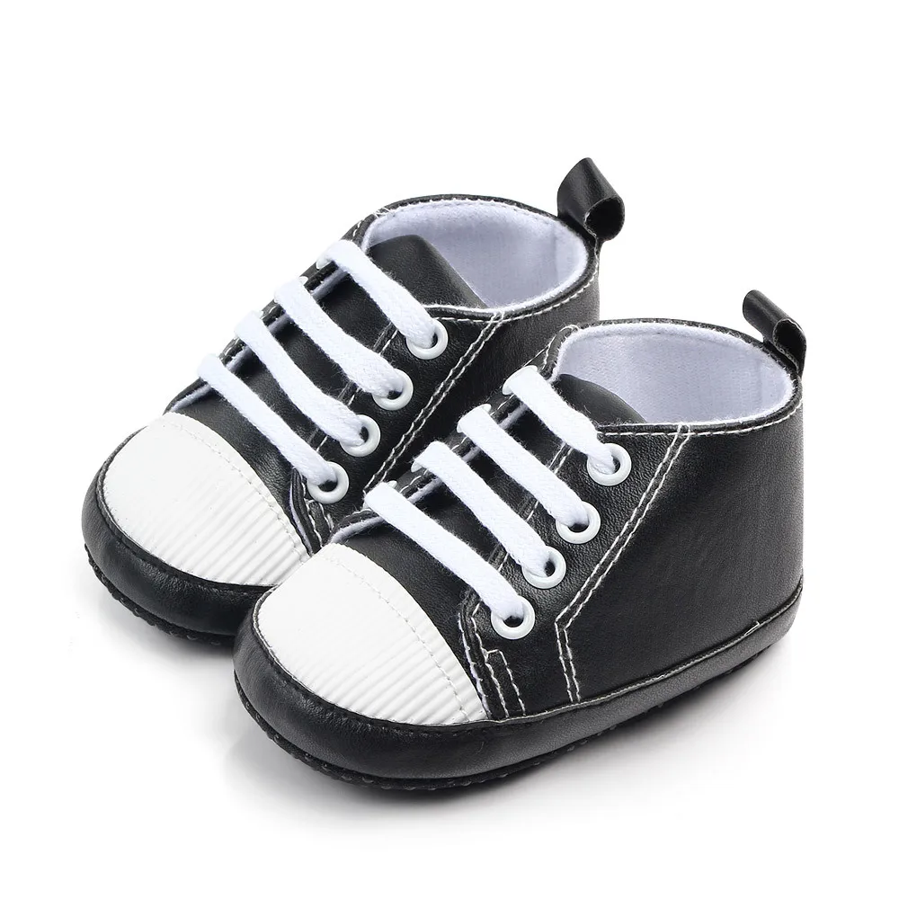 New PU Classic Sports Sneakers Newborn Baby Boys Girls First Walkers Shoes Infant Toddler Soft Sole Anti-slip Baby Shoes - Color: Black