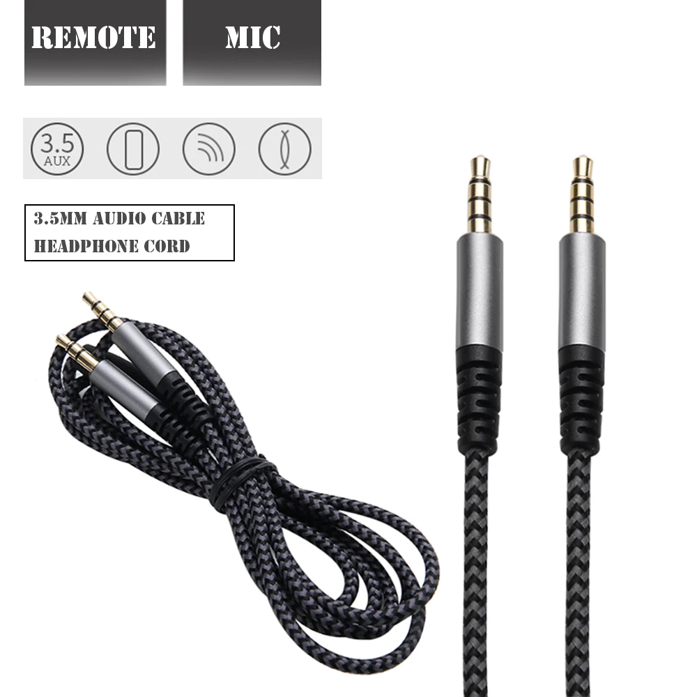 

1PC 3.5mm Audio Cable Cord with Remote & Mic 3 to 4 Pole Male to Male Braided Replacement Microphone Lead For Headphones