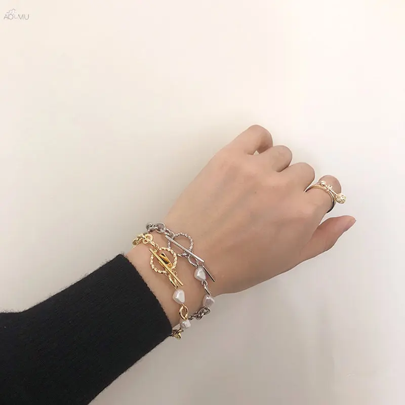 

AOMU Korea Geometric Round Irregular Metal Vintage Bracelet Imitation Pearl Bracelets For Women Bracelets Bangles Jewelry