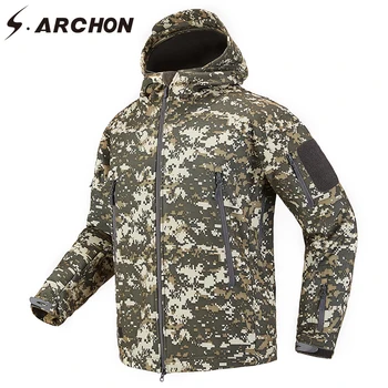 

S.ARCHON New Fleece Hoody Tactical Jacket Men Shark Skin Fleece Warm Long Sleeve Jacket Army Military Camo ACU Waterproof Jacket
