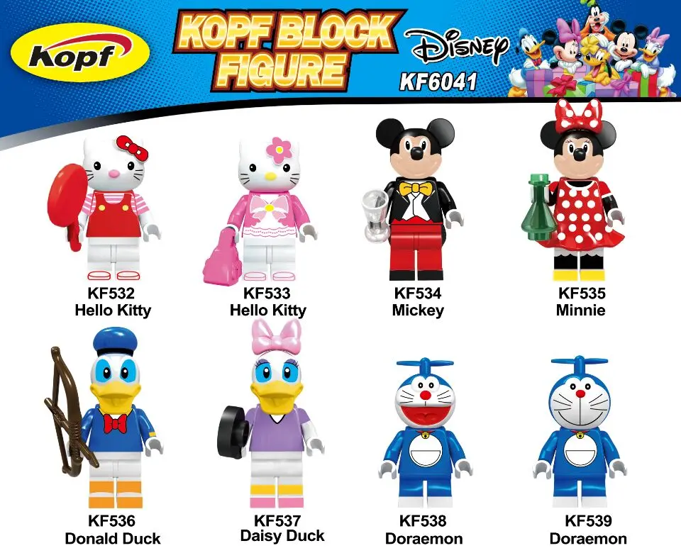 

KF6041 Building Blocks Cartoon Figures Hello Kitty Doraemon Mickey Mouse Donald Duck Action Dolls Bricks For Children Toys