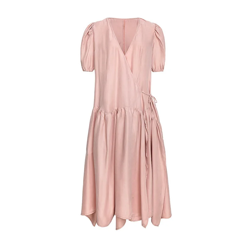 CHICEVER, летнее элегантное розовое шифоновое платье для женщин, v-образный вырез, Пышный рукав, бандаж, бант, свободные, до середины икры, прямые платья, новинка