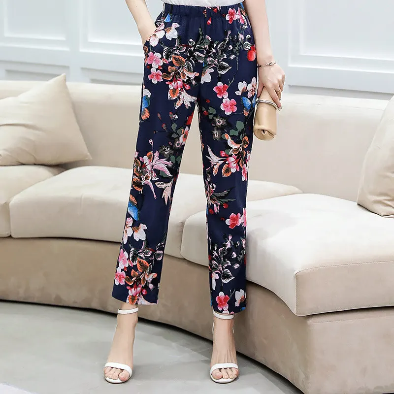 Летние женские брюки корейские хлопковые льняные клетчатые брюки с эластичной талией повседневные Прямые брюки с высокой талией брюки размера плюс XL-5XL - Цвет: 17