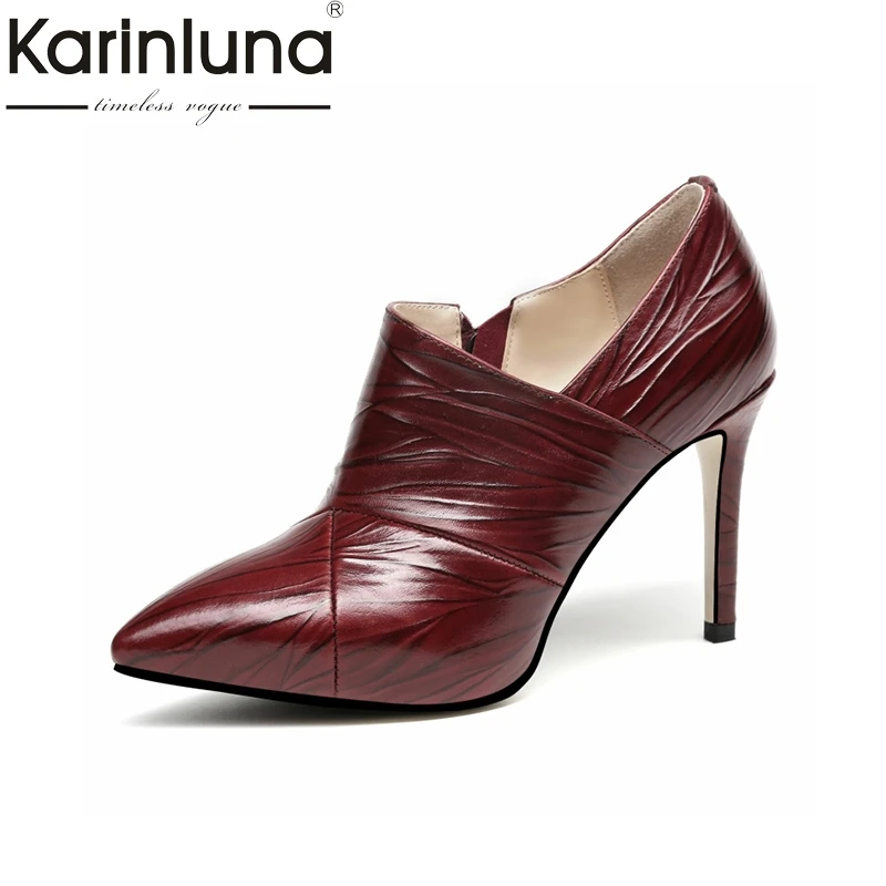 

KarinLuna 2018 Spring Autumn Brand Genuine Leather Deep Pumps Zip Pleated Pointed Toe Shoes Woman Leather Insole High Heels