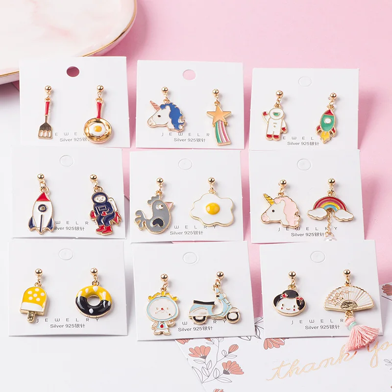 

Cute Cartoon Earrings for Women Asymmetric Rabbit Cat Bird Clock Doughnut Rainbow Unicorn Ice Cream Stud Earrings Jewelry Gifts