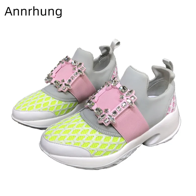 

Crystal Square Buckle Mesh Platform Shoes Women Round Toe Slip On Sneakers Fashion Breathable Thick Bottom Flat Shoes Woman