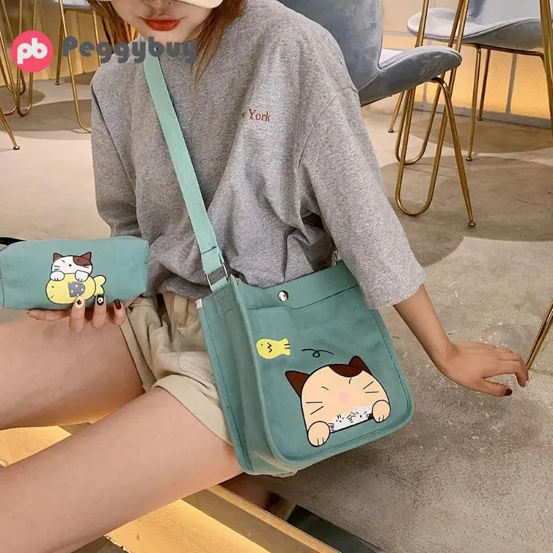 2pcs/set Women Canvas Cartoon Cat Print Shoulder Crossbody Handbags Pen Bag Shopping | Багаж и сумки